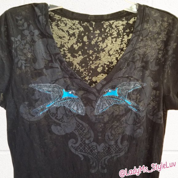 Tshirt Black Semi-sheer Slub-Knit Blue Swallows by Artist Andrea Courchene XXL - Picture 2 of 7